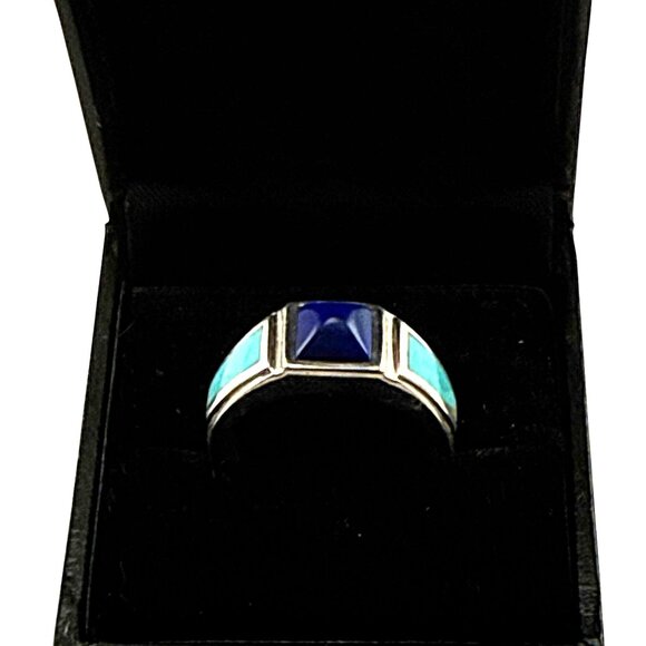 Sterling Silver Ring Turquoise Lapis Inlay Southwest Style Size 9 - Picture 1 of 6